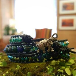 IMC Leather and Beaded Wrapped Bracelet with Elephant Button Closure